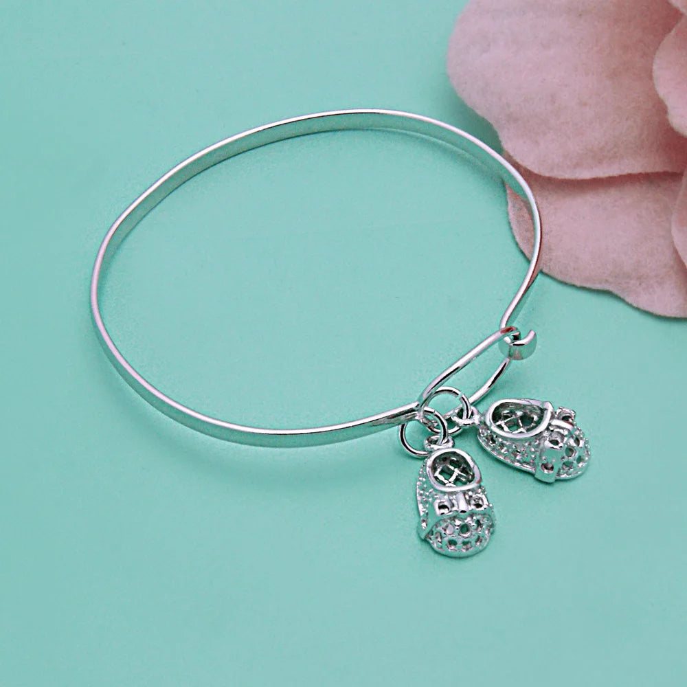 Temperament 925 Sterling Silver Cute Shoe Pendant Simple Open Bracelet For Women & Girl Punk Beach Bangle Jewelry Gift