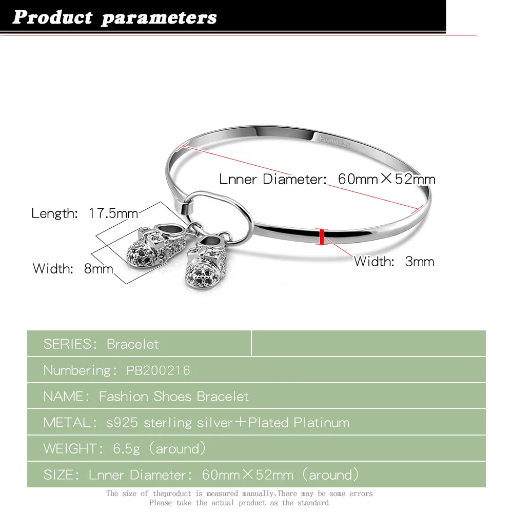 Temperament 925 Sterling Silver Cute Shoe Pendant Simple Open Bracelet For Women & Girl Punk Beach Bangle Jewelry Gift