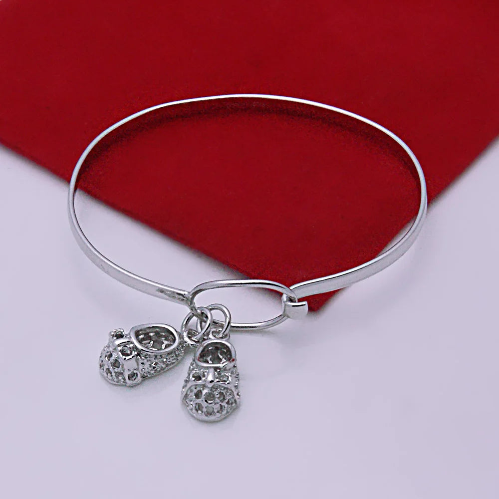 Temperament 925 Sterling Silver Cute Shoe Pendant Simple Open Bracelet For Women & Girl Punk Beach Bangle Jewelry Gift