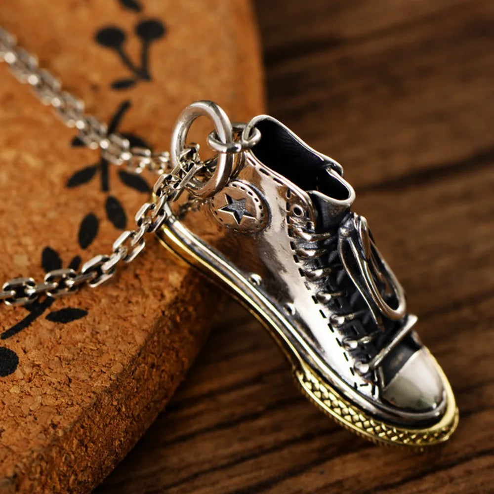 New s925 pure silver trend ins wind canvas shoes silver pendant man and women fashion hip-hop wild pendant