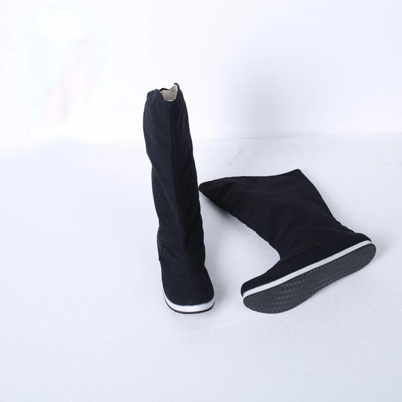 Chinese Traditional Hanfu Shoes Boots Black Mid-Calf Pointed Toe Cosplay Hanfu Kung Fu Ancient Costume Oriental Pull-on Shoes
