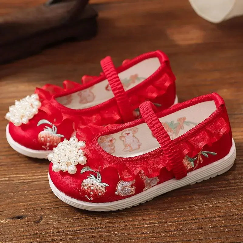 Cartoon Hanfu Shoes Girls Children Chinese 3D Embroidered Shoes Hanfu Handmade Soft Sole Cloth Shoes Kids Girls 2-13Y