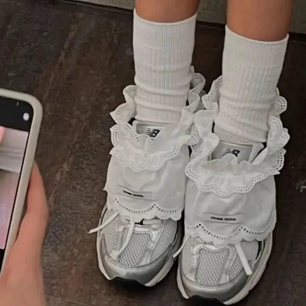 Korean Lace Strap Shoes Cover Bow Tiered Ruffled Lace Calf Socks Covers JK Lolita Girl Socks Leg Warmers Y2K White Calf Socks