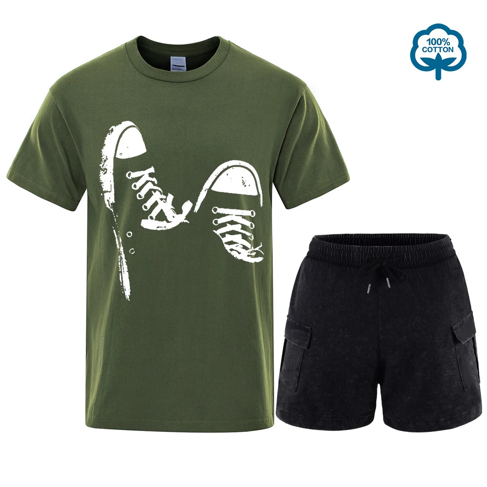 Hot Sale 100% Cotton Casual Short Sleeve Skate Shoes Men t Shirt Set Summer Breathable Clothes O-Neck Oversized Short Sleeves