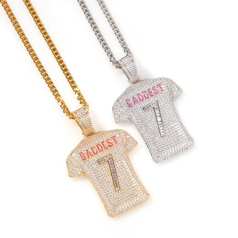Hip Hop Full CZ Stone Paved Bling Ice Out Baddesy Number 7 Basketball Jersey Pendants Necklace for Men Rapper Jewelry