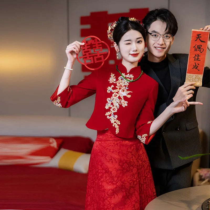 New Chinese Style National Horse-Face Skirt Suit 2024 Improved Hanfu Toast Clothing Red Engagement Dress Family Visiting Shoes