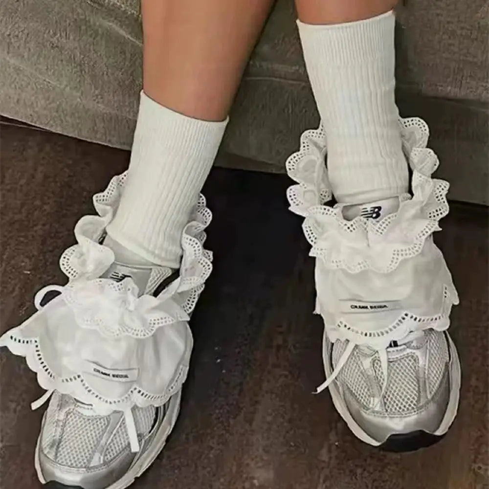 Korean Lace Strap Shoes Cover Bow Tiered Ruffled Lace Calf Socks Covers JK Lolita Girl Socks Leg Warmers Y2K White Calf Socks