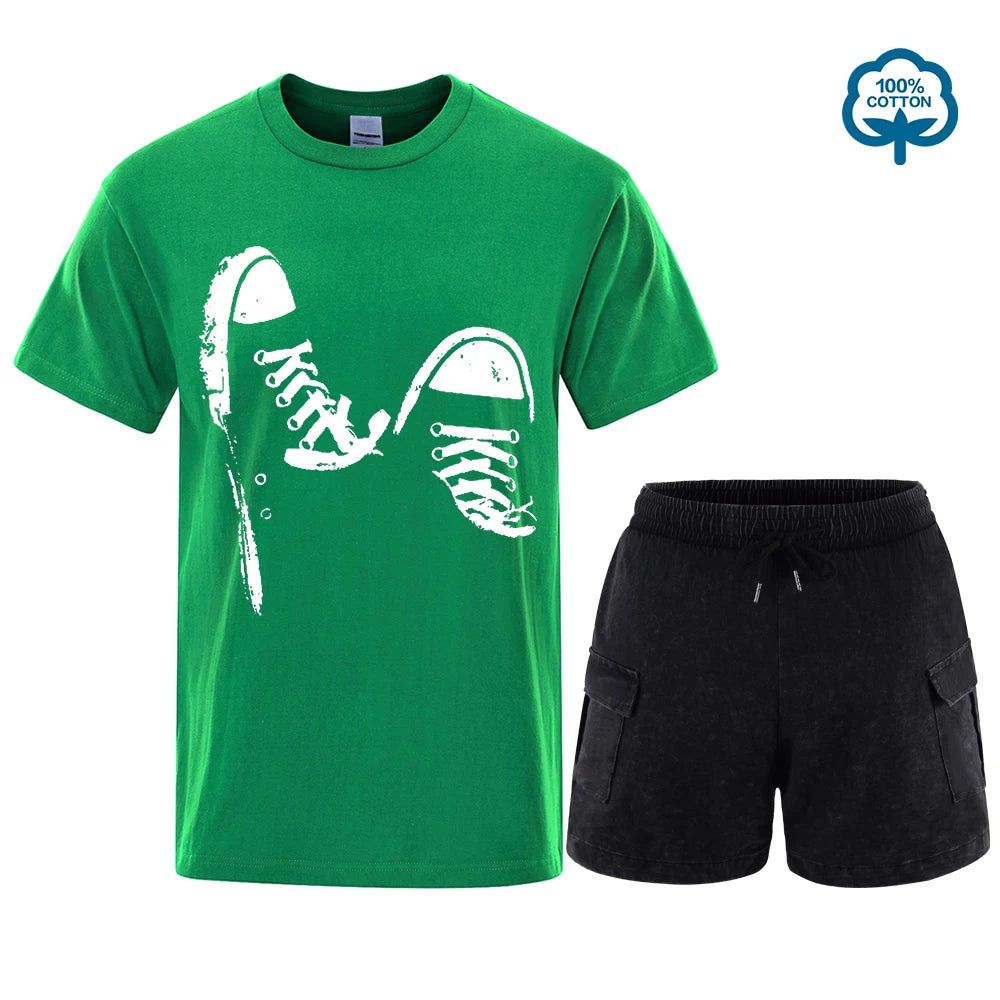 Hot Sale 100% Cotton Casual Short Sleeve Skate Shoes Men t Shirt Set Summer Breathable Clothes O-Neck Oversized Short Sleeves