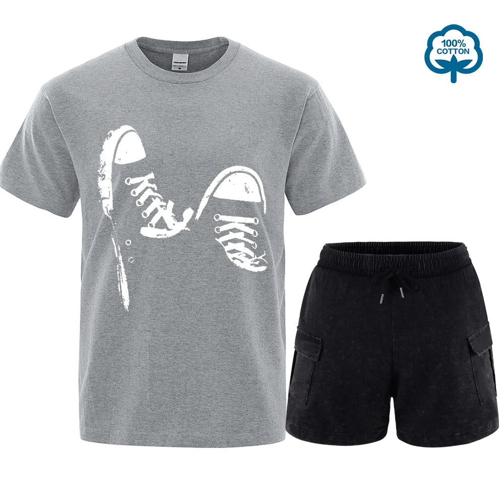 Hot Sale 100% Cotton Casual Short Sleeve Skate Shoes Men t Shirt Set Summer Breathable Clothes O-Neck Oversized Short Sleeves