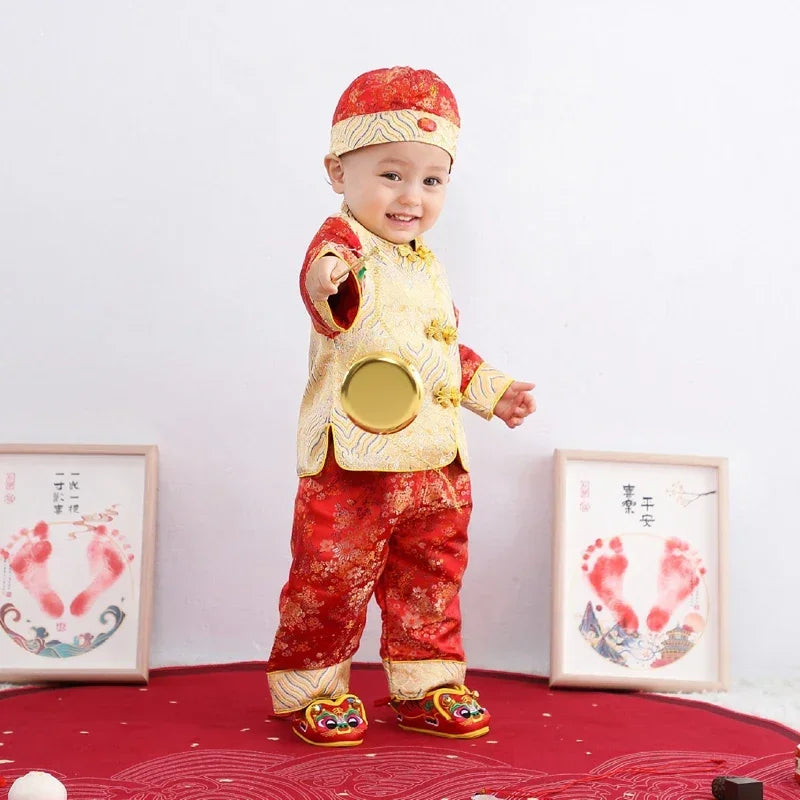 2024NEW Tang Suit Chinese Traditional Costume For Newborn Baby Boys Embroidery Winter Red New Year Birthday Gift Christmas Shoes
