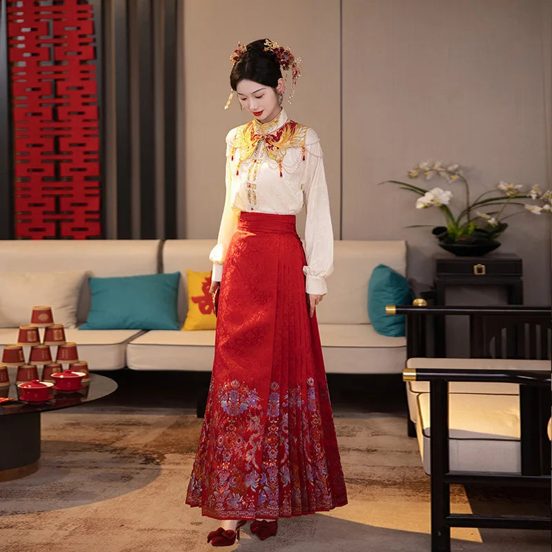 2024 New Chinese Style Cloud Shoulder Shirt Horse-Face Skirt Suit Women's Bride Engagement Wedding Toast Family Visiting Shoes