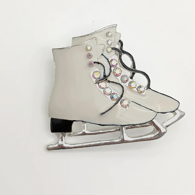 Silver Tone Rhinestone Crystal Ice Skate Shoes Brooch Sport Theme Lapel Pin