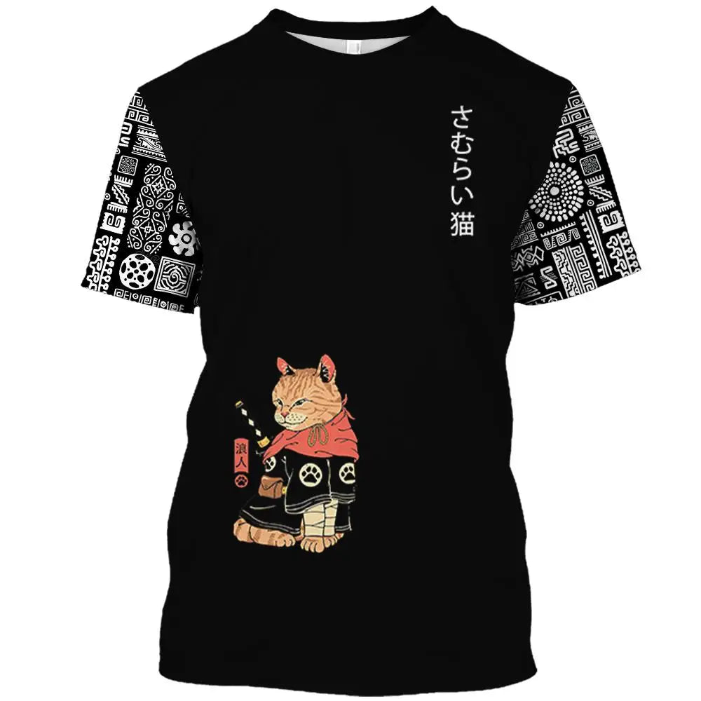 Cartoon Anime Samurai Cat Printed T Shirt For Men Outdoor Hip Hop Harajuku Vintage Clothes Casual O-neck Casual Short Sleeve Tee