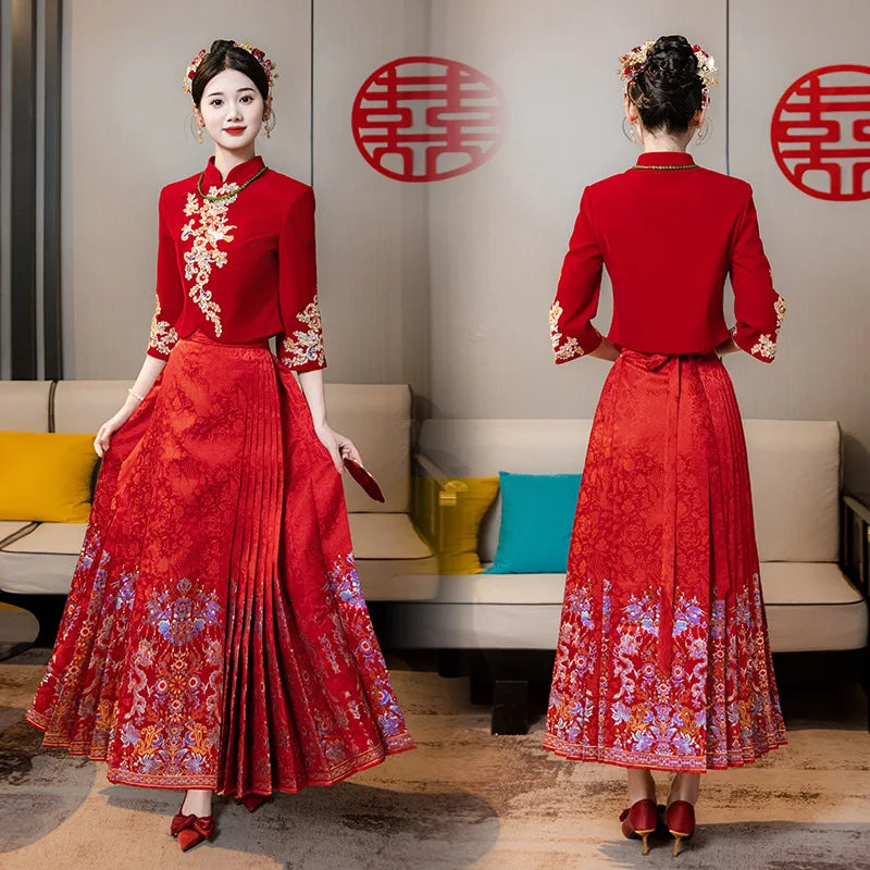 New Chinese Style National Horse-Face Skirt Suit 2024 Improved Hanfu Toast Clothing Red Engagement Dress Family Visiting Shoes