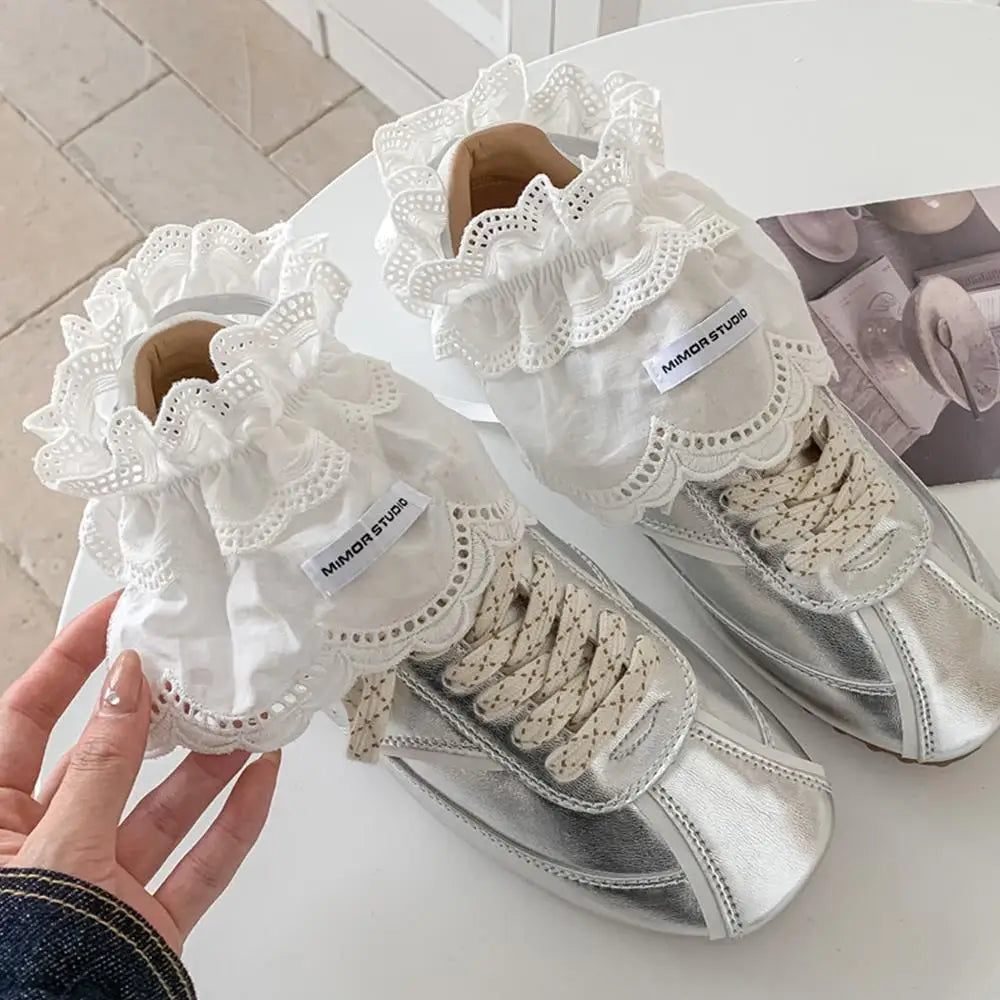 Korean Lace Strap Shoes Cover Bow Tiered Ruffled Lace Calf Socks Covers JK Lolita Girl Socks Leg Warmers Y2K White Calf Socks