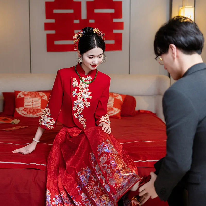 New Chinese Style National Horse-Face Skirt Suit 2024 Improved Hanfu Toast Clothing Red Engagement Dress Family Visiting Shoes