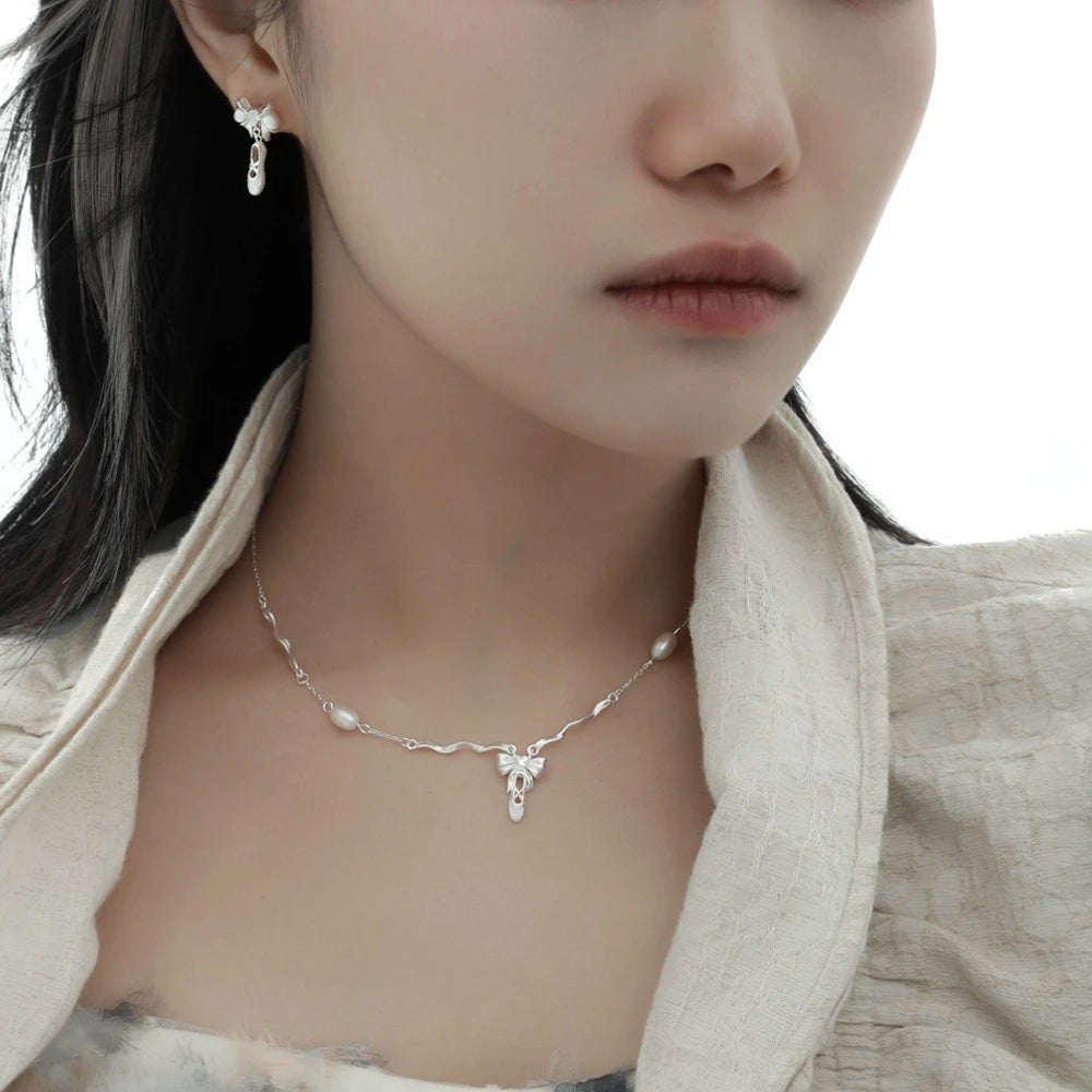 Bowknot Ballet Shoes Pendant S925 Sterling Silver Necklace Women's Fashion Freshwater Pearl Jewelry Original Design Wholesale