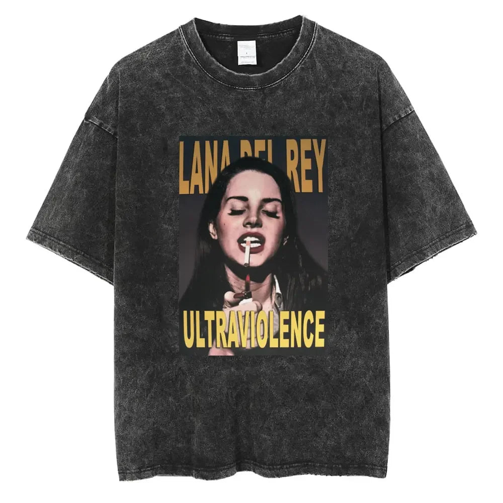 90s Singer Lana Del Rey Washed T-Shirt Harajuku Men Women Retro Short-Sleeve Fashion T-Shirts Oversized Cotton Tees Streetwear