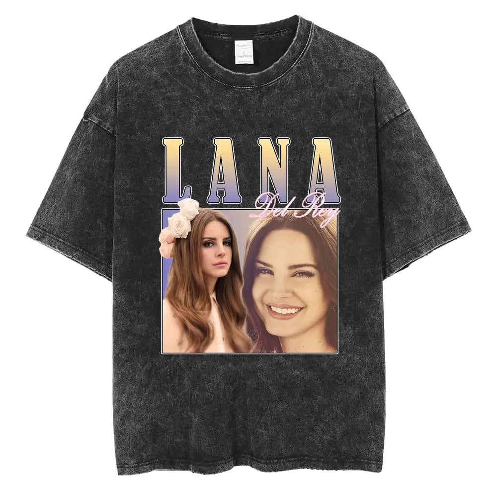 90s Singer Lana Del Rey Washed T-Shirt Harajuku Men Women Retro Short-Sleeve Fashion T-Shirts Oversized Cotton Tees Streetwear