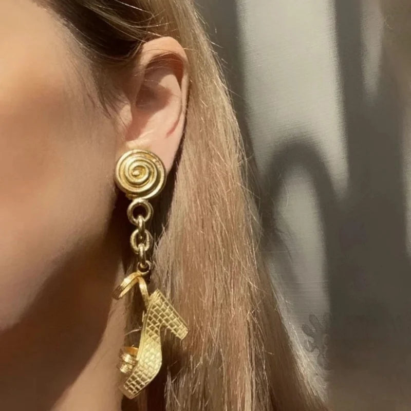 High-end European and AmericanvintageVintage Personality Exaggerated 3D High Heel Shoe Shaped Earrings
