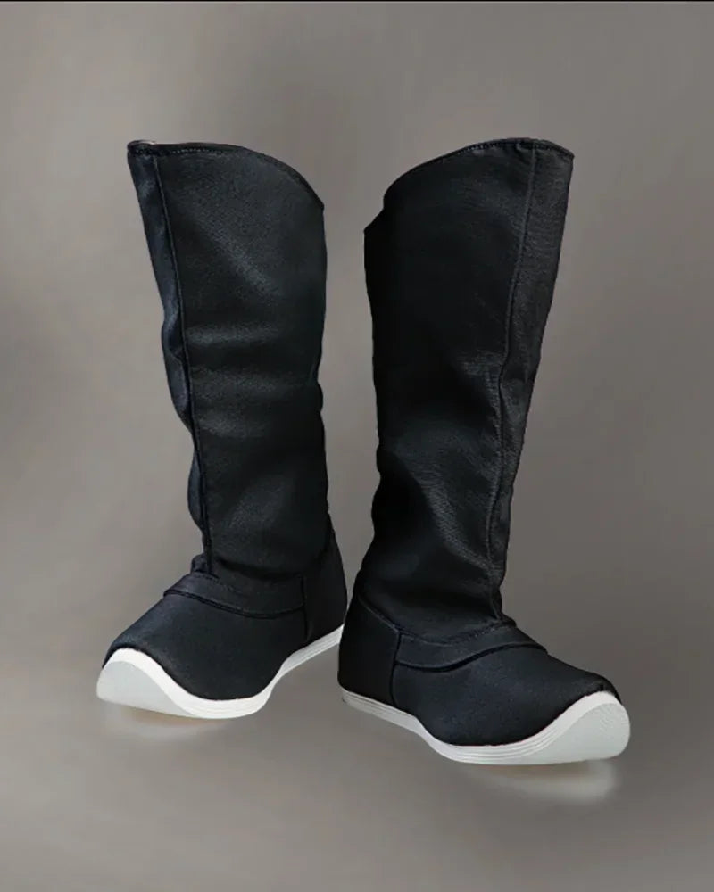 Hanfu Black Boots Shoes Men Canvas Heighten Rubber Sole Waterproof Chinese Hanfu Soap Boots Shoes Women Plus Size 35-46#