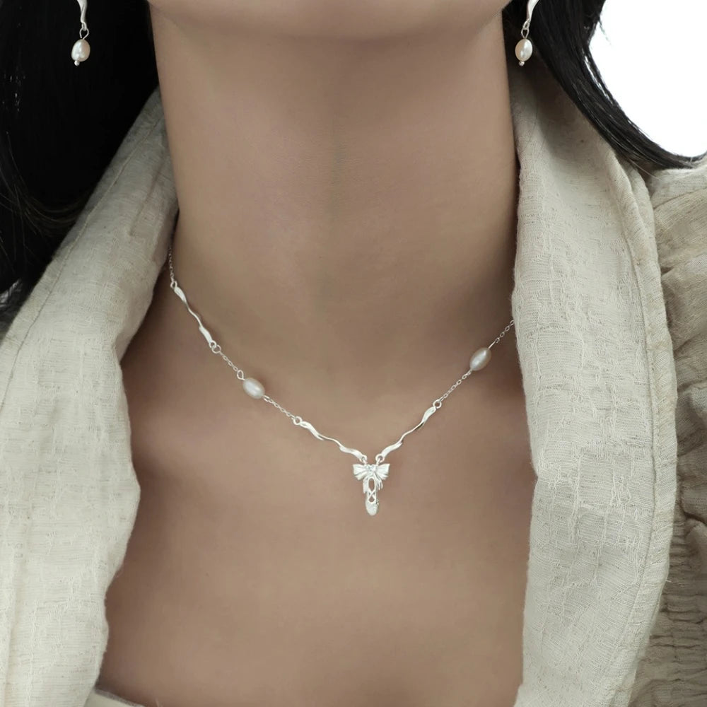 Bowknot Ballet Shoes Pendant S925 Sterling Silver Necklace Women's Fashion Freshwater Pearl Jewelry Original Design Wholesale