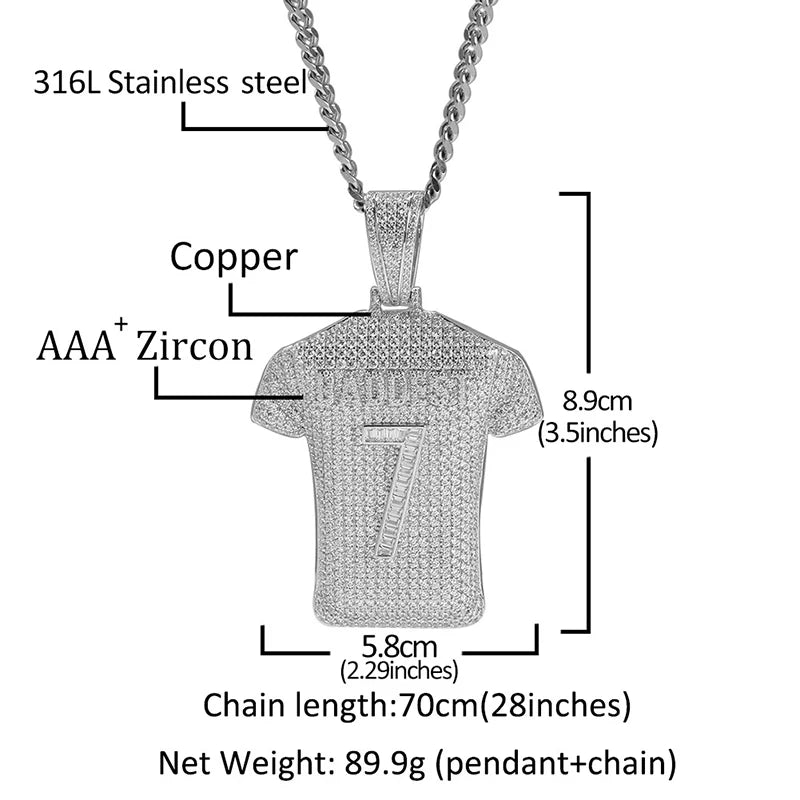 Hip Hop Full CZ Stone Paved Bling Ice Out Baddesy Number 7 Basketball Jersey Pendants Necklace for Men Rapper Jewelry