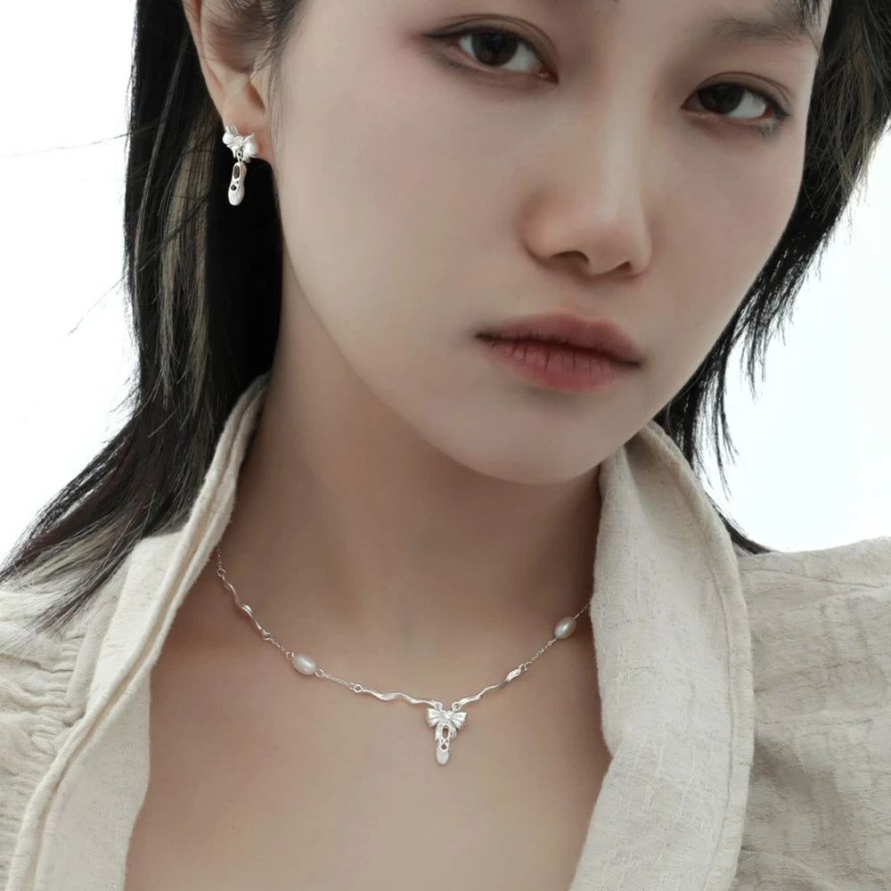 Bowknot Ballet Shoes Pendant S925 Sterling Silver Necklace Women's Fashion Freshwater Pearl Jewelry Original Design Wholesale