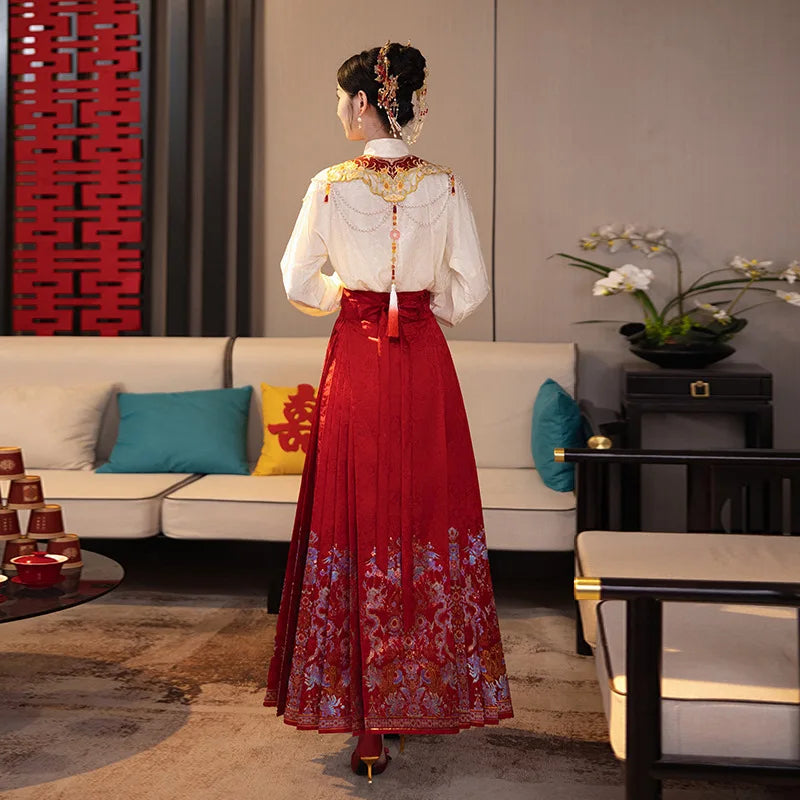 2024 New Chinese Style Cloud Shoulder Shirt Horse-Face Skirt Suit Women's Bride Engagement Wedding Toast Family Visiting Shoes