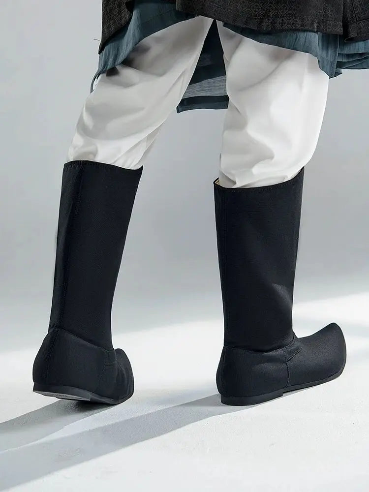Chinese Song Dynasty Hanfu Boots Shoes Men&Women Canvas Upturned Flat Chinese Vintage Black Hanfu Boots Shoes Plus Size 46#