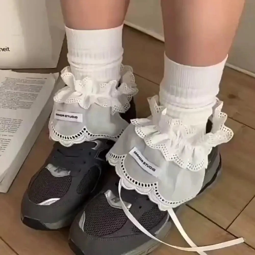 Korean Lace Strap Shoes Cover Bow Tiered Ruffled Lace Calf Socks Covers JK Lolita Girl Socks Leg Warmers Y2K White Calf Socks