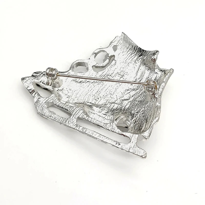 Silver Tone Rhinestone Crystal Ice Skate Shoes Brooch Sport Theme Lapel Pin