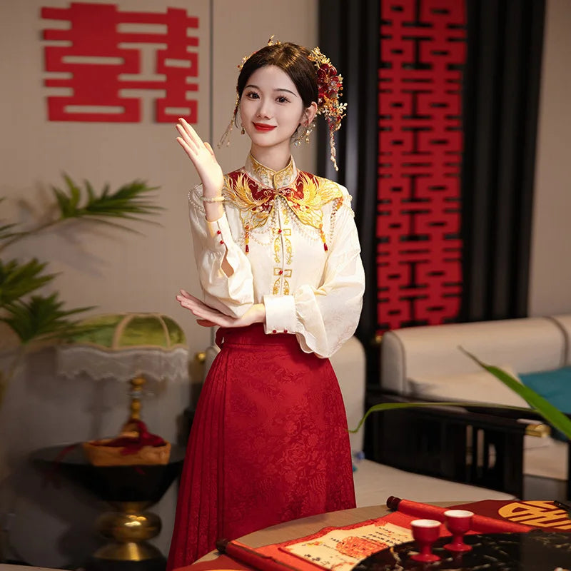 2024 New Chinese Style Cloud Shoulder Shirt Horse-Face Skirt Suit Women's Bride Engagement Wedding Toast Family Visiting Shoes