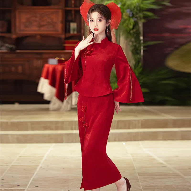 2024 New Engagement Red Cheongsam Bride Two-Piece Toast Dress Chinese Style out of Court Wedding Family Visiting Shoes Women