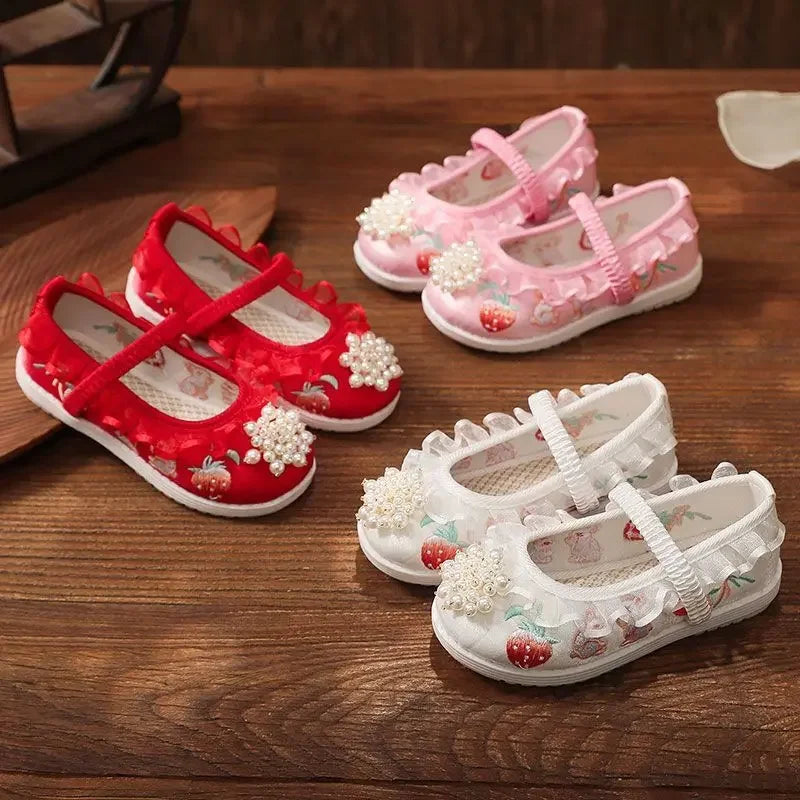 Cartoon Hanfu Shoes Girls Children Chinese 3D Embroidered Shoes Hanfu Handmade Soft Sole Cloth Shoes Kids Girls 2-13Y