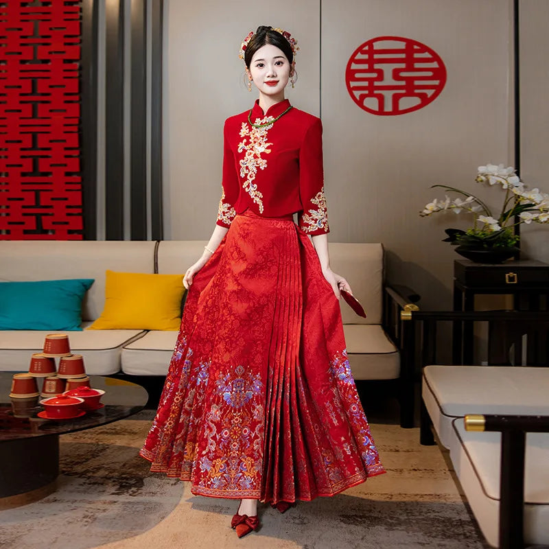 New Chinese Style National Horse-Face Skirt Suit 2024 Improved Hanfu Toast Clothing Red Engagement Dress Family Visiting Shoes