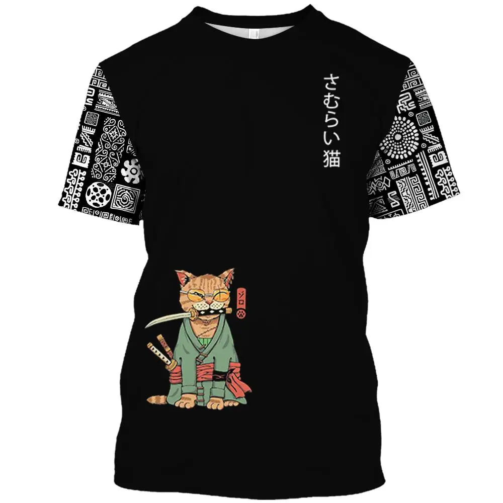 Cartoon Anime Samurai Cat Printed T Shirt For Men Outdoor Hip Hop Harajuku Vintage Clothes Casual O-neck Casual Short Sleeve Tee