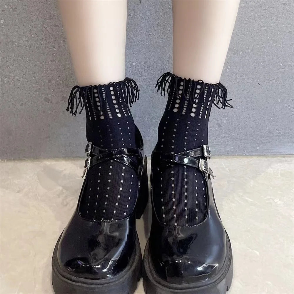 Women's Tassel Hollow Out Leather Shoes Spring/Autumn Fashion Comfortable Elegant Flat Black Walking Shoes