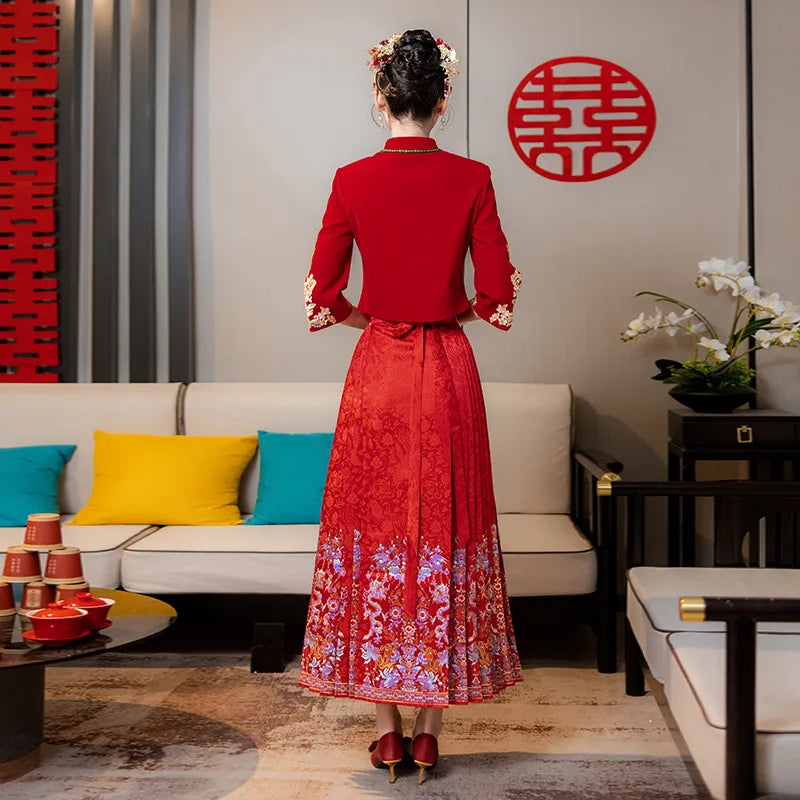 New Chinese Style National Horse-Face Skirt Suit 2024 Improved Hanfu Toast Clothing Red Engagement Dress Family Visiting Shoes