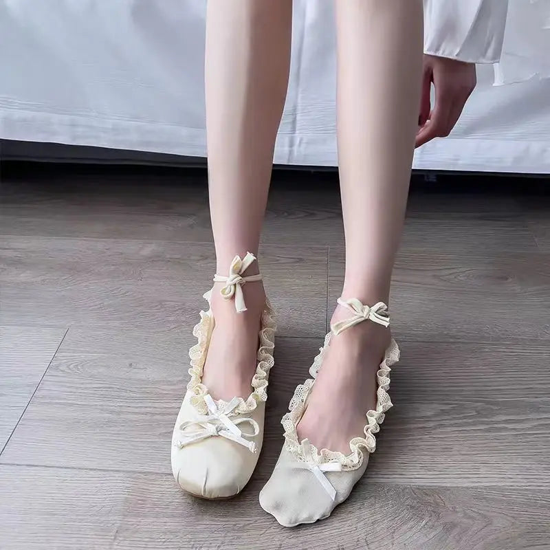 Ballet Style Lace Strap Women's Short Socks Sweet Anti Slip Bow Lolita Kawaii Socks for Girl Ballet Shoes with Socks