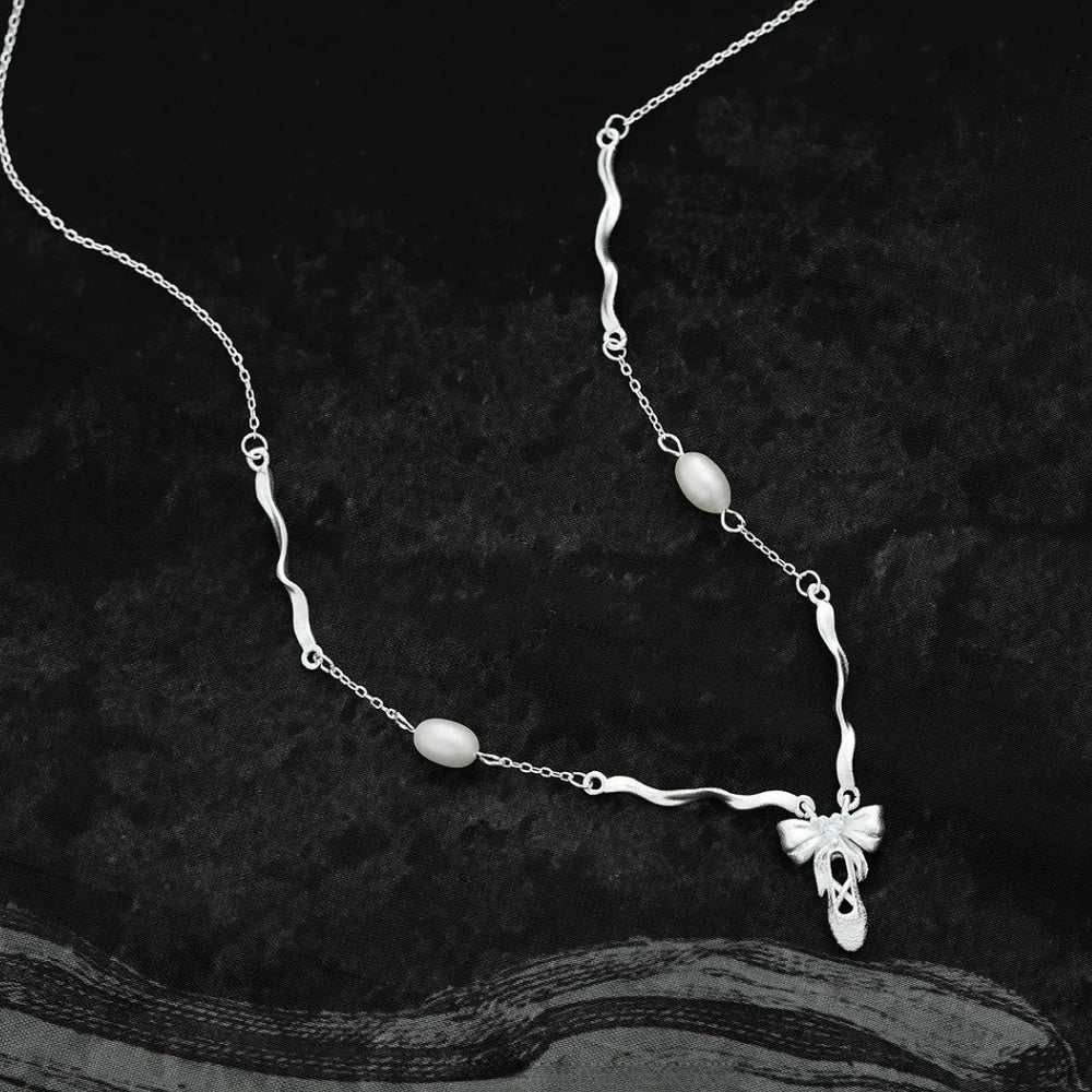 Bowknot Ballet Shoes Pendant S925 Sterling Silver Necklace Women's Fashion Freshwater Pearl Jewelry Original Design Wholesale
