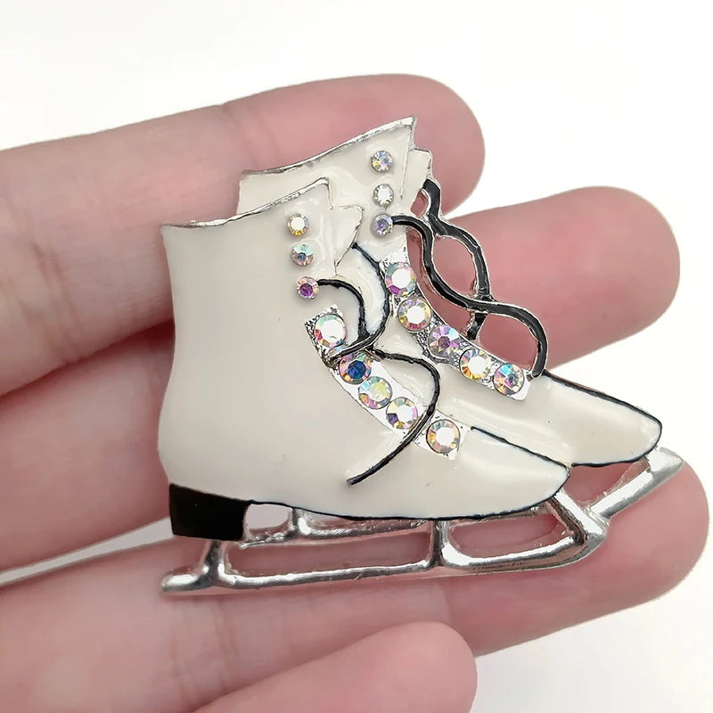 Silver Tone Rhinestone Crystal Ice Skate Shoes Brooch Sport Theme Lapel Pin