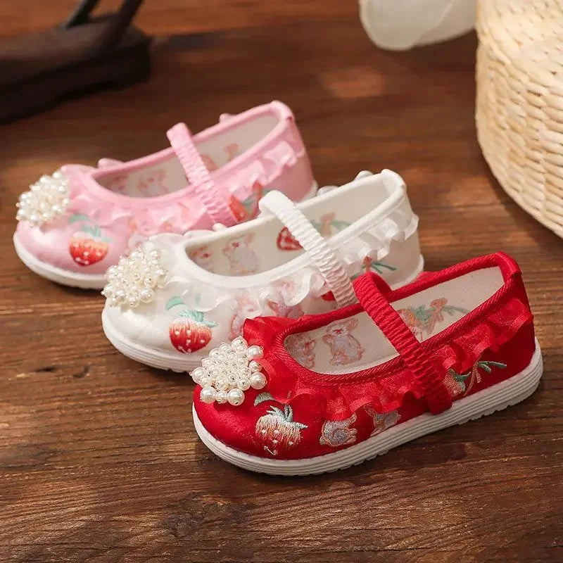Cartoon Hanfu Shoes Girls Children Chinese 3D Embroidered Shoes Hanfu Handmade Soft Sole Cloth Shoes Kids Girls 2-13Y