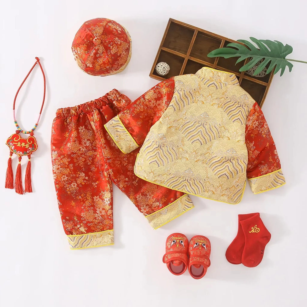 2024NEW Tang Suit Chinese Traditional Costume For Newborn Baby Boys Embroidery Winter Red New Year Birthday Gift Christmas Shoes