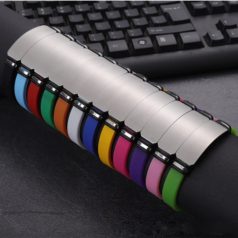 20PCS Silicone Sprort Bracelet Stainless Steel Plate Blank To Record Metal Matte Plate For Engraving Basketball Bracelet