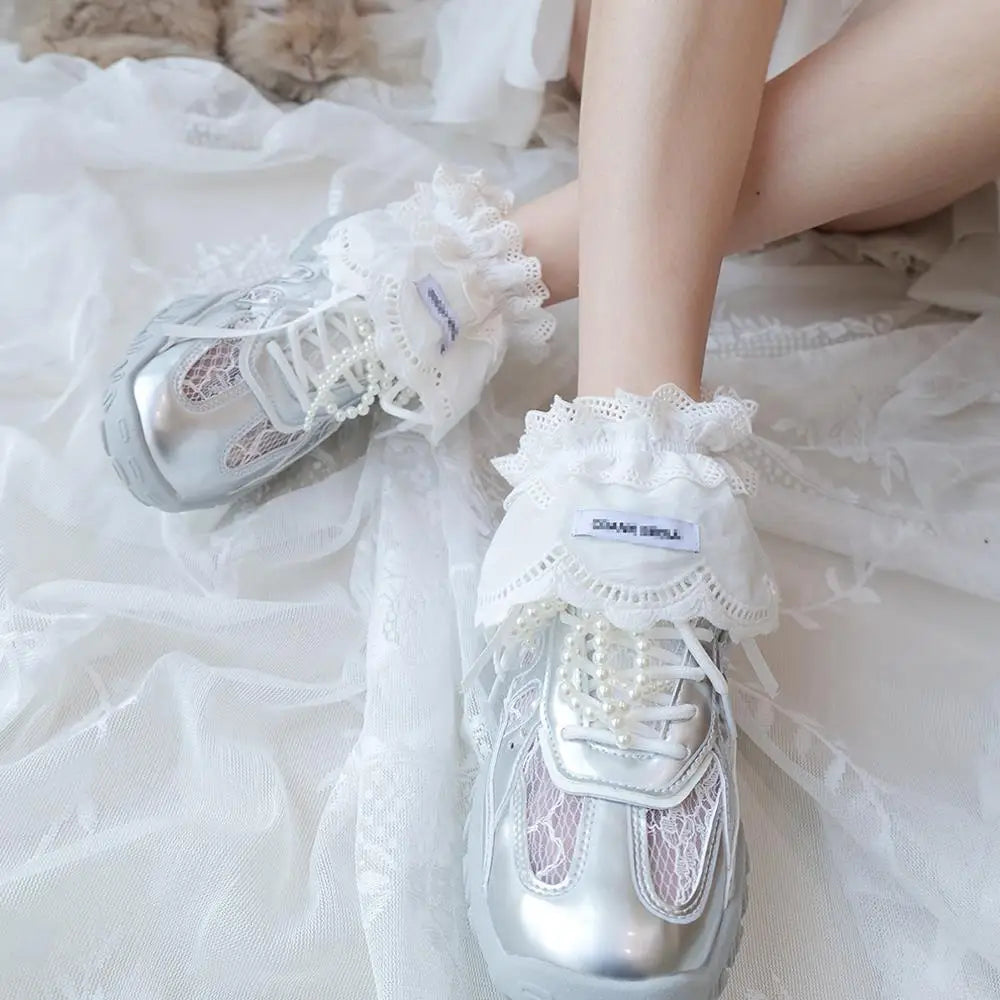 Korean Lace Strap Shoes Cover Bow Tiered Ruffled Lace Calf Socks Covers JK Lolita Girl Socks Leg Warmers Y2K White Calf Socks