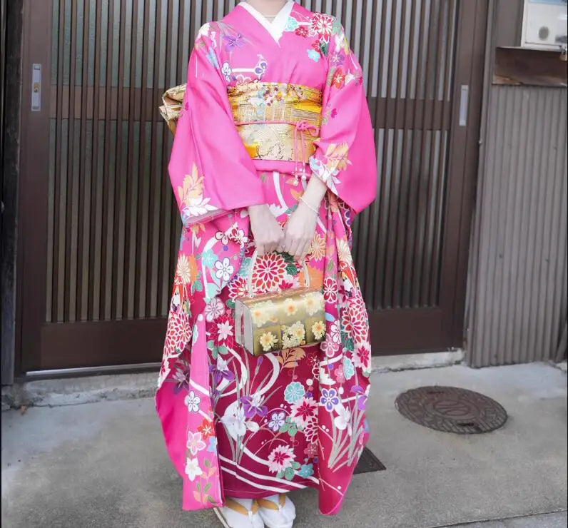 Kimono Japanese Women Print Formal Dress 160CM Big Sleeve Pink Include Robe Belt Shoes