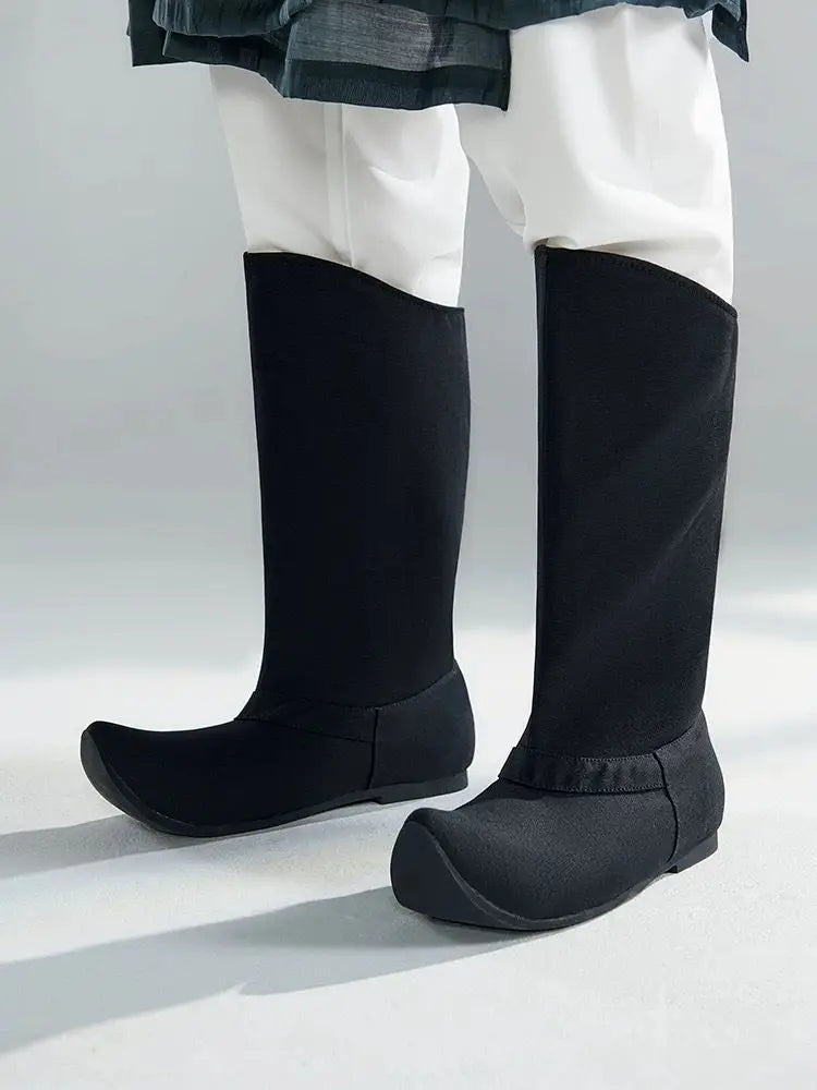 Chinese Song Dynasty Hanfu Boots Shoes Men&Women Canvas Upturned Flat Chinese Vintage Black Hanfu Boots Shoes Plus Size 46#