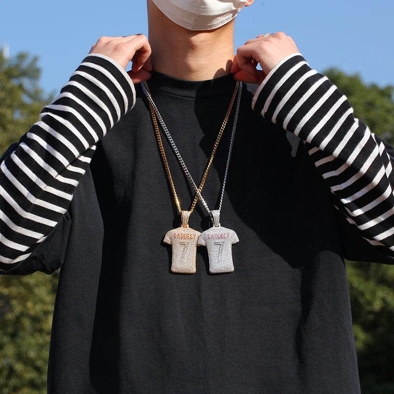 Hip Hop Full CZ Stone Paved Bling Ice Out Baddesy Number 7 Basketball Jersey Pendants Necklace for Men Rapper Jewelry