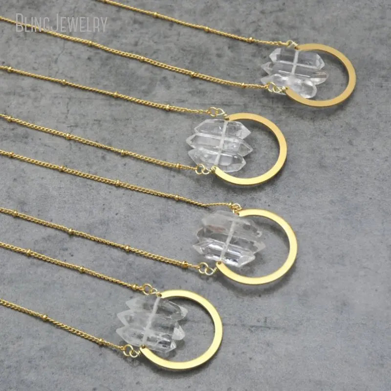 10pcs Dainty Crystal Horse Shoe Raw Quartz Point Pendant Necklace Gold Color Stainless Steel Chain Jewelry
